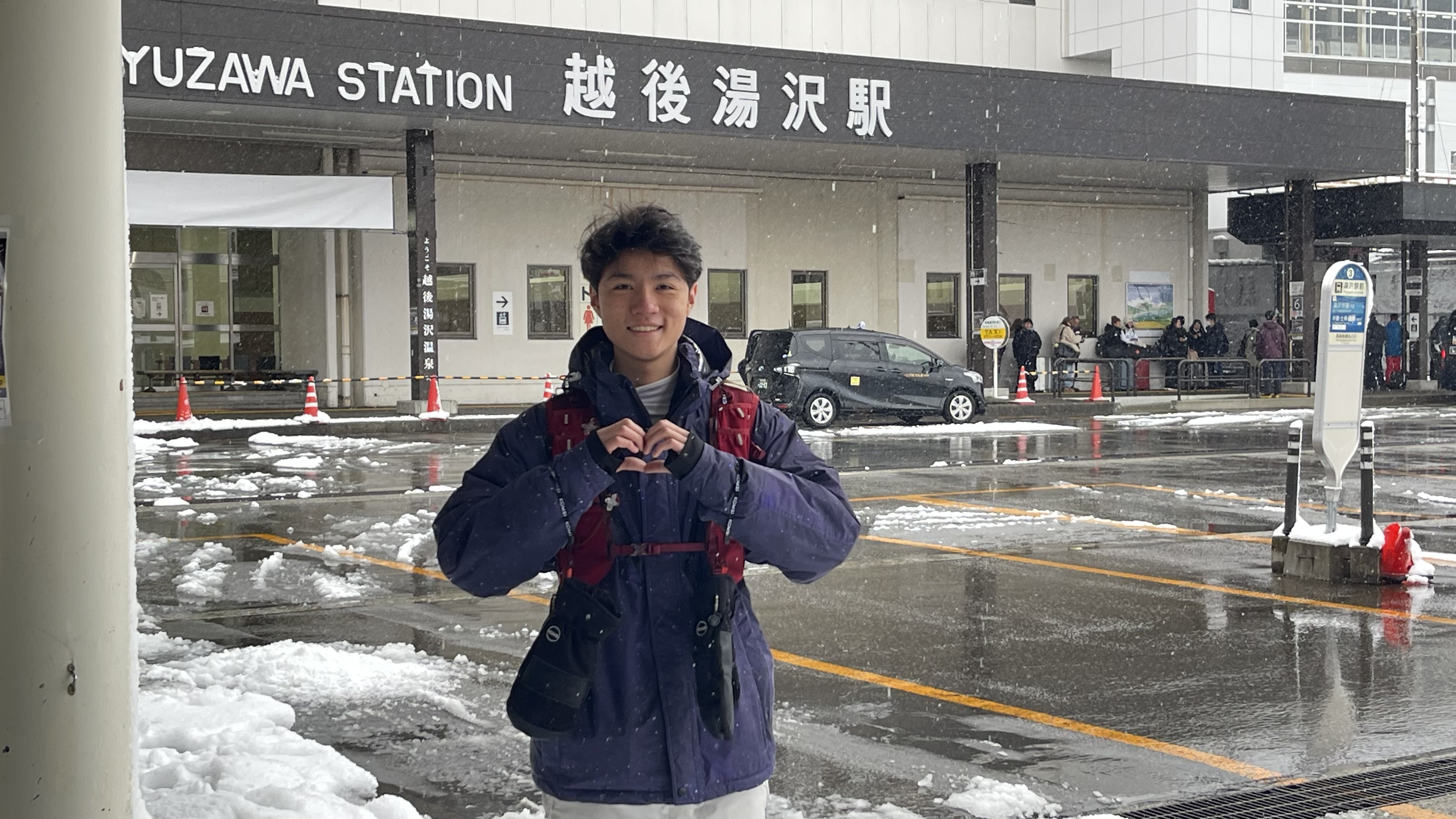 Outside Echigo-Yuzawa Station in the snow